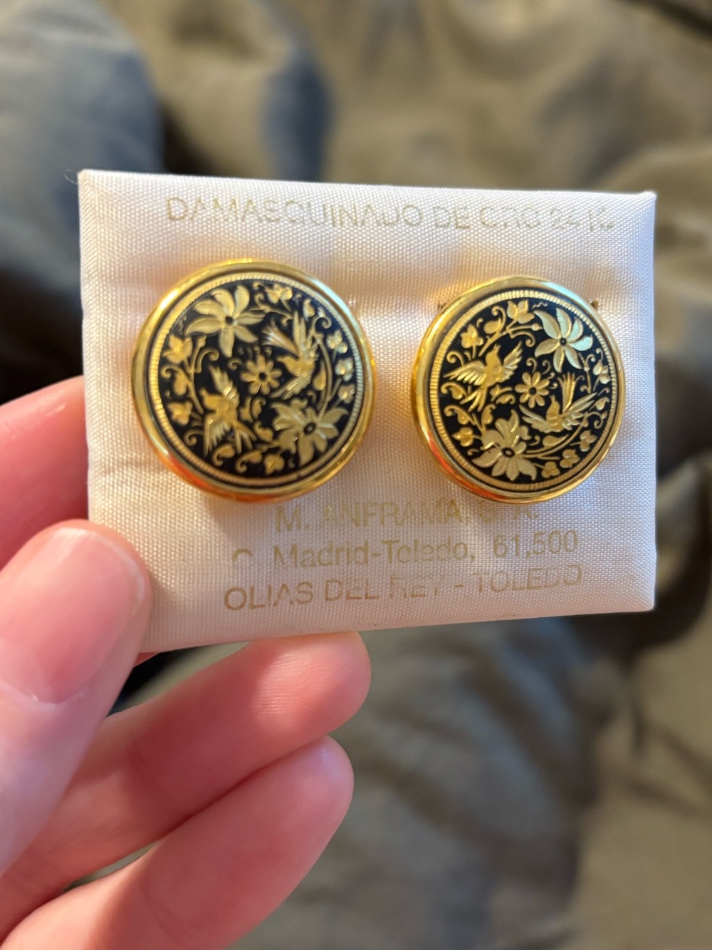 Vintage Toledo Spain Damascene Button Covers 24K Gold Plated Bird Floral NOS
